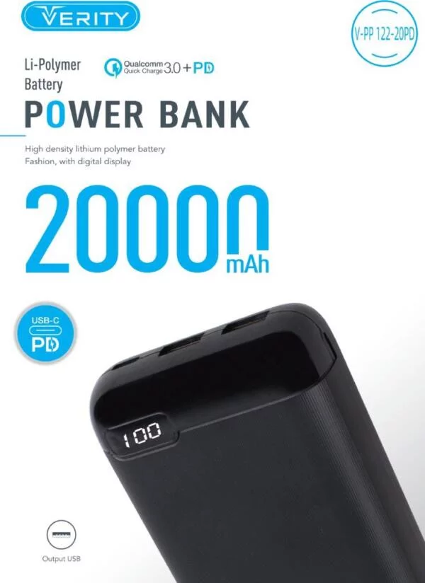 پاوربانک (شارژر همراه) وریتی مدل VERITY V-PP-122PD ظرفیت 20000 میلی آمپرساعت