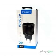 شارژر دیواری فست شارژ Verity AP-2125 2Port 3A QC3.0 PD 20W + کابل تایپ سی